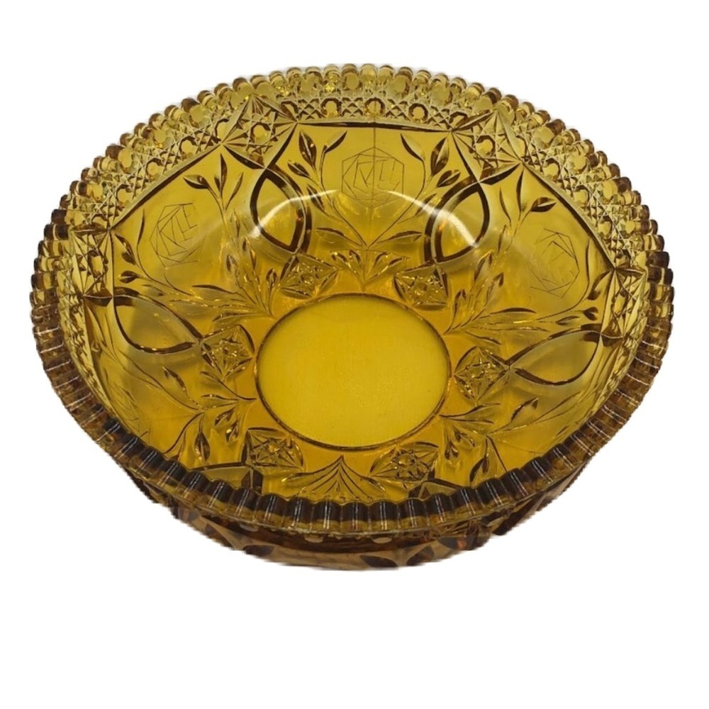 Vintage Amber Yellow Gold Glass Centerpiece Ornate Decorative Bowl Scalloped Rim